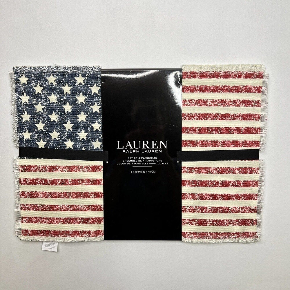 RALPH LAUREN American Flag Placemats Set of 4 Red White Blue 100% Cotton